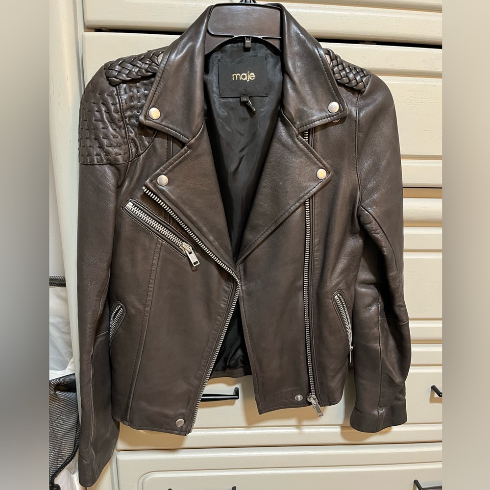 Chocolate brown Maje lambskin leather structured moto jacket